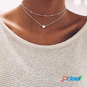 Womens Choker Necklace Beads Double Heart Ladies Basic Alloy
