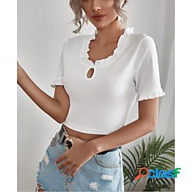 Womens Crop Tshirt T shirt Plain Round Neck Ruffle Basic