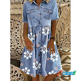 Womens Denim Shirt Dress Knee Length Dress Blue Short Sleeve