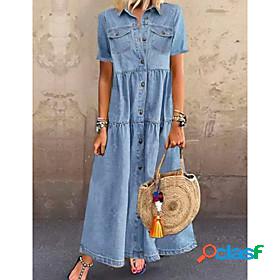 Womens Denim Shirt Dress Maxi long Dress Dark Blue Light