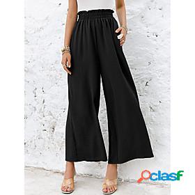 Womens Fashion Wide Leg Side Pockets Elastic Waist Culottes