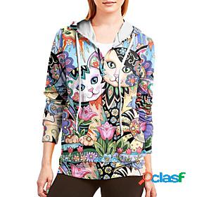 Womens Floral Cat Animal Hoodie Zip Up Hoodie Sweatshirt