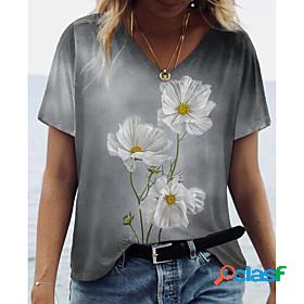 Womens Floral Theme Daisy Painting T shirt Floral Print V