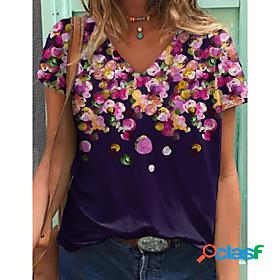 Womens Floral Theme Painting T shirt Floral Flower Print V