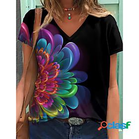 Womens Floral Theme Painting T shirt Floral Graphic Print V