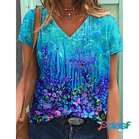 Womens Floral Theme Painting T shirt Floral Graphic Print V