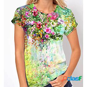 Womens Floral Theme T shirt Floral Graphic Print Round Neck