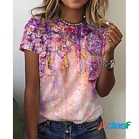 Womens Floral Theme T shirt Floral Graphic Print Round Neck