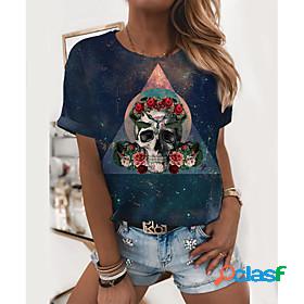 Womens Floral Theme T shirt Floral Skull Print Round Neck