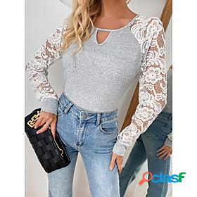 Womens Going out Blouse Eyelet top Shirt Long Sleeve Floral