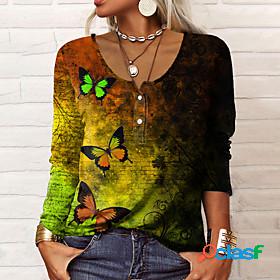 Women's Henley Shirt T shirt Butterfly Painting Butterfly