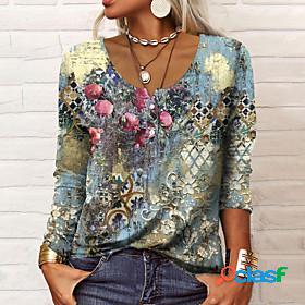 Womens Henley Shirt T shirt Floral Theme Abstract Painting