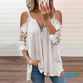 Womens Holiday Blouse Eyelet top Shirt Plain V Neck Cut Out