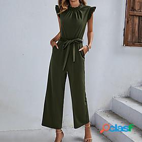 Womens Jumpsuit Solid Color Lace up Ruffle Elegant