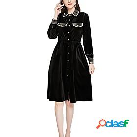 Womens Knee Length Dress A Line Dress Black Long Sleeve