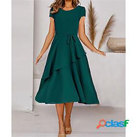 Womens Knee Length Dress A Line Dress Green Short Sleeve