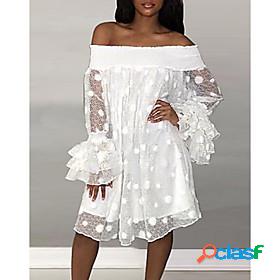 Womens Knee Length Dress Shift Dress White Long Sleeve Mesh