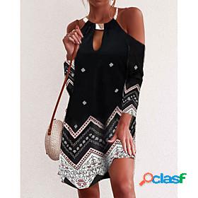 Womens Knee Length Dress Swing Dress Black Long Sleeve