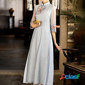 Womens Maxi long Dress A Line Dress Gray Orange Half Sleeve