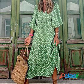 Womens Maxi long Dress A Line Dress Green 3/4 Length Sleeve