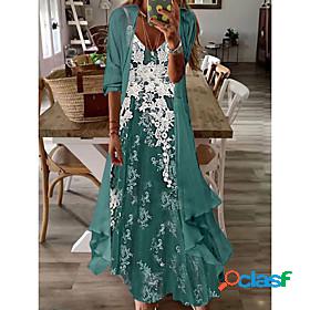 Womens Maxi long Dress A Line Dress Green Blue Half Sleeve