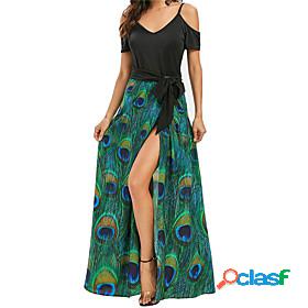 Womens Maxi long Dress A Line Dress Green Short Sleeve Split