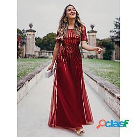 Womens Maxi long Dress A Line Dress Red Short Sleeve Sequins