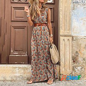 Womens Maxi long Dress Swing Dress Brown Sleeveless Split