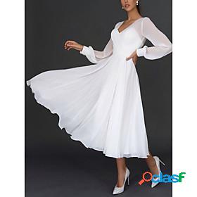 Women's Maxi long Dress Swing Dress White Long Sleeve Mesh