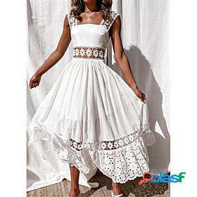 Womens Maxi long Dress Swing Dress White Sleeveless Lace