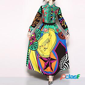 Womens Maxi long Dress Swing Dress Yellow Long Sleeve Print
