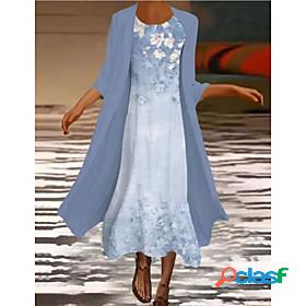 Womens Midi Dress A Line Dress Blue Half Sleeve Ruched Print