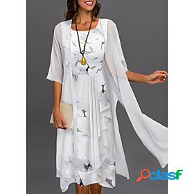 Womens Midi Dress A Line Dress White Half Sleeve Chiffon