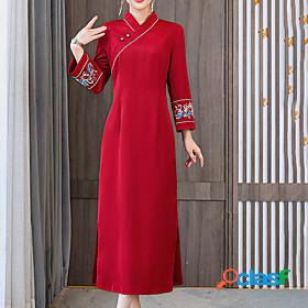 Womens Midi Dress Cheongsam Dress Red Long Sleeve