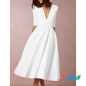 Womens Midi Dress Swing Dress White Half Sleeve Ruched Solid