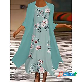 Womens Midi Dress Two Piece Dress Green Half Sleeve Print