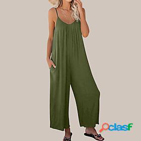 Womens Overall Solid Color Basic Round Neck Daily Sleeveless