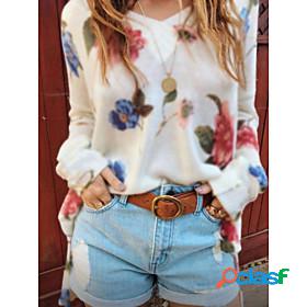 Women's Pullover Sweater Flower Print Cotton Active Casual