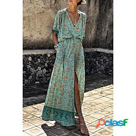 Womens Shift Dress Maxi long Dress Green Short Sleeve Floral