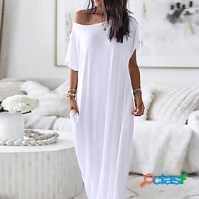 Women's Shift Dress Maxi long Dress White Beige Short Sleeve