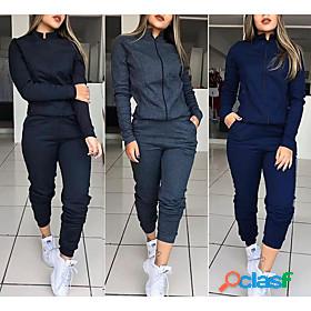 Womens Sweatsuit 2 Piece Stand Collar Side Pockets Front
