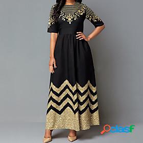 Womens Swing Dress Maxi long Dress Black Half Sleeve