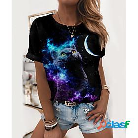 Womens T shirt 3D Cat Galaxy Cat Graphic Round Neck Print