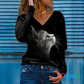 Womens T shirt 3D Cat Painting Cat 3D V Neck Print Basic