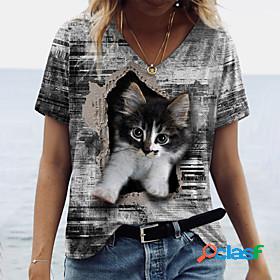 Womens T shirt 3D Cat Painting Cat 3D V Neck Print Basic