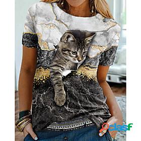 Womens T shirt 3D Cat Painting Cat Graphic 3D Round Neck