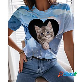 Womens T shirt 3D Cat Painting Cat Heart 3D Round Neck Print