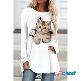 Womens T shirt 3D Cat Painting Long Sleeve Cat 3D Animal