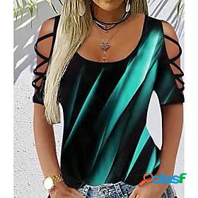 Womens T shirt Abstract Painting Color Block U Neck Cut Out