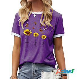 Womens T shirt Butterfly Butterfly Daisy Letter Round Neck